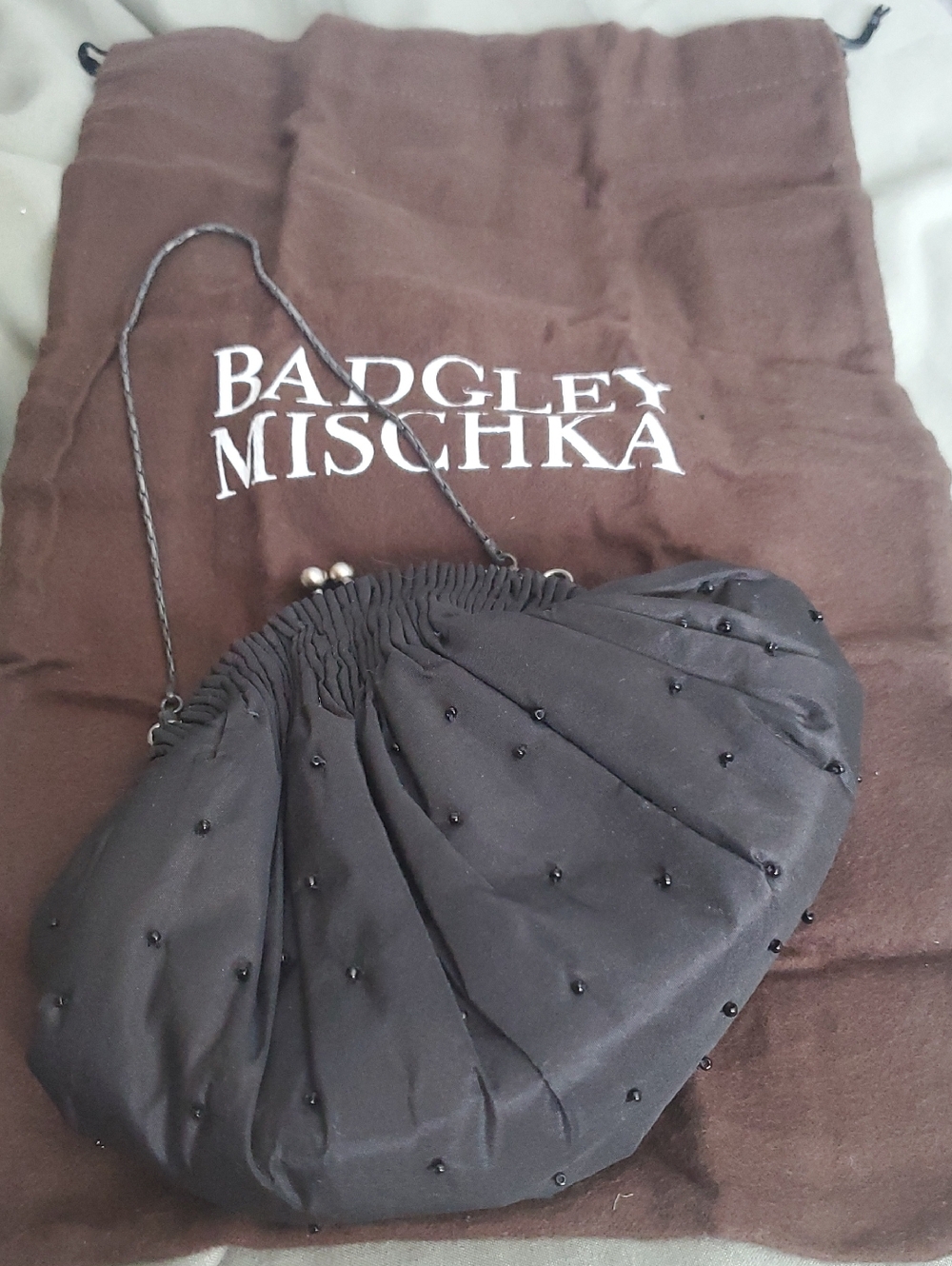 Badgley Mischka Black Beaded Pleated Evening Clutch with Chain
